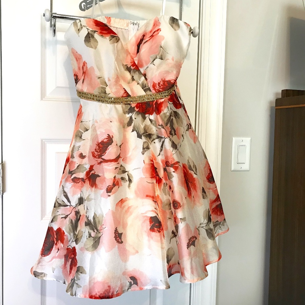 TRIXX strapless floral party dress in pinks & whites, gold rhinestoned belt (9)